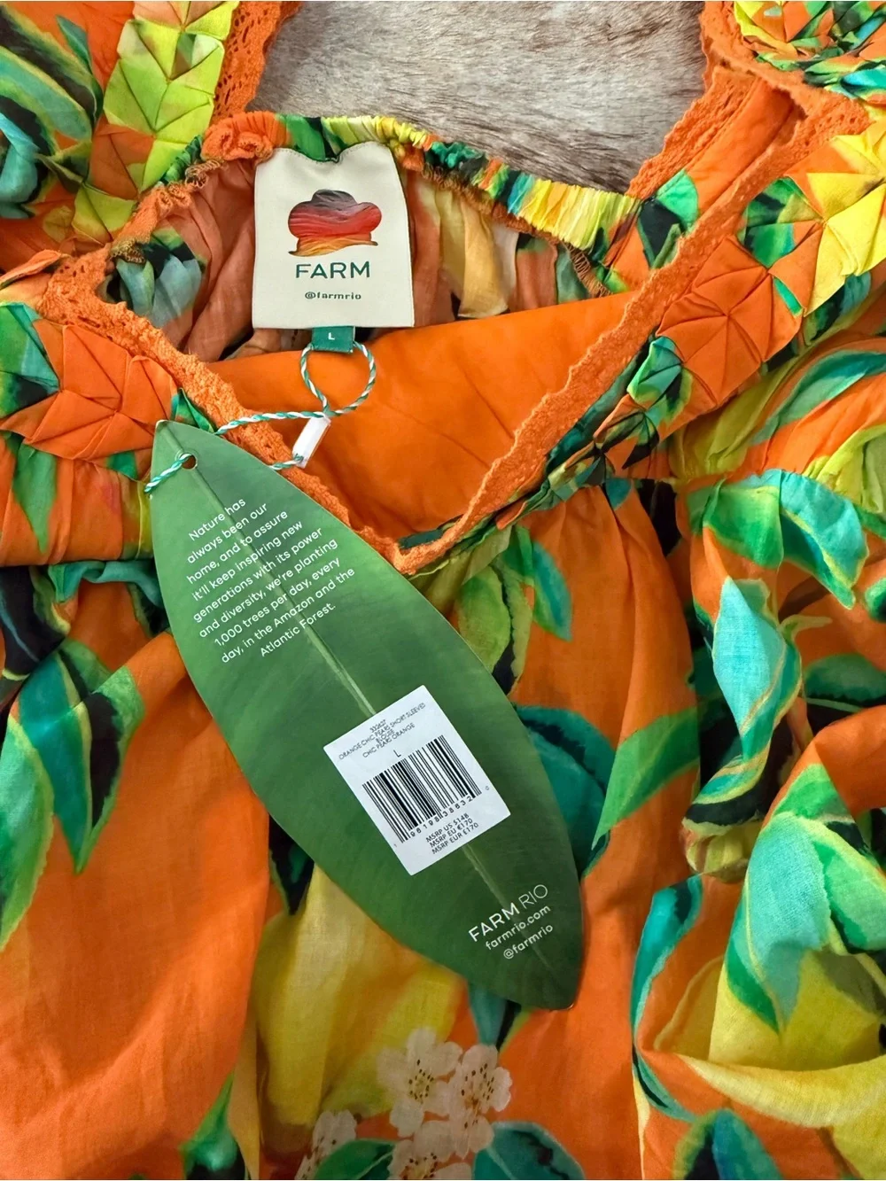 FARM‎ Rio Chic Pears Orange Puff Sleeve Blouse Top Womens Large NWT